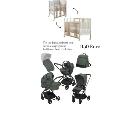 Kit Nascita Trio Tic Toc Olive Foppapedretti-Lettino Erbesi Evolution Bianco e Naturale
